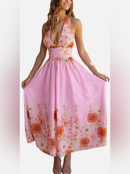 dELiA*s Dresses & Skirts - dELiA*s Pink Floral Halter-Neck Maxi Dress with Orange Accents